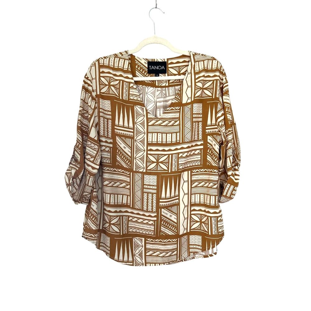 Tanoa Tribal Print Blouse Women’s Medium Brown Cream Roll Tab Sleeve Top